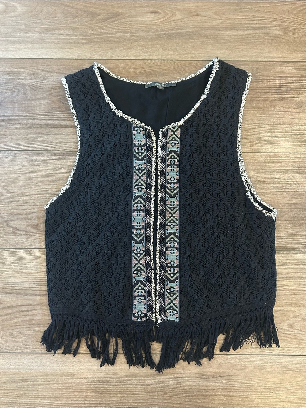 Miss Me Black Crochet Fringe Boho Open Front Vest Women’s S